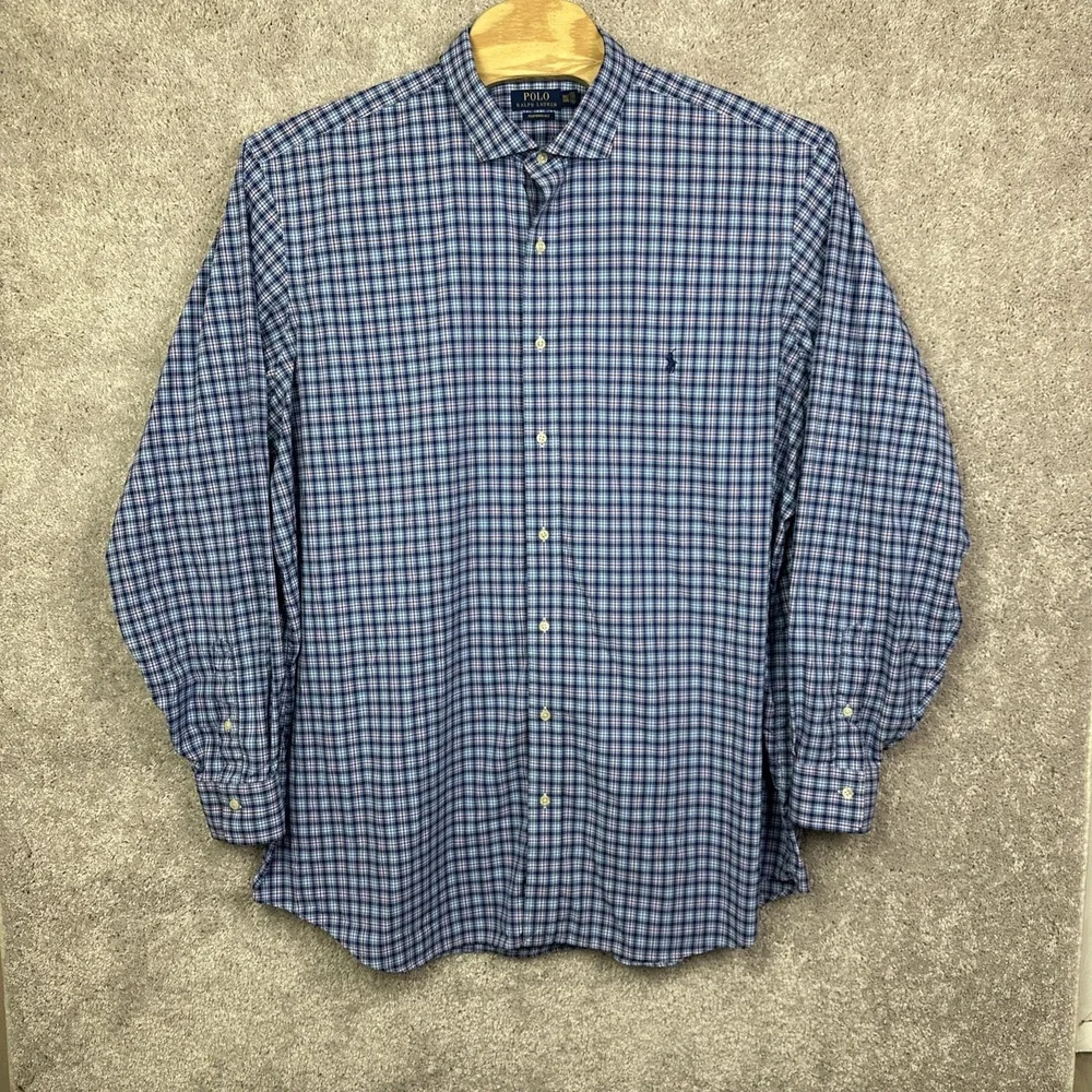 Polo Ralph‎ Lauren Performance Shirt Men 3XLT Tall Blue Check Long Sleeve Preppy